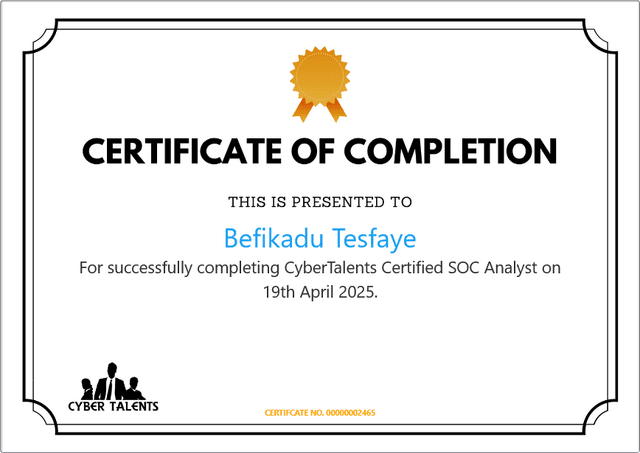 Cybertalents Certified SOC Analyst (CCSOCA) Certificate